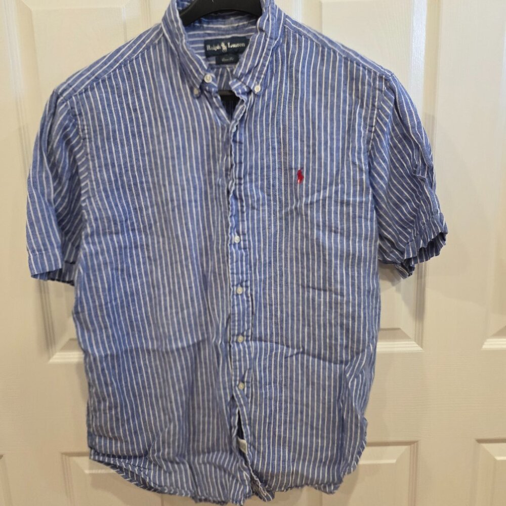 Ralph Lauren Short Sleeve Button Down Shirt Blue with White Stripes Men’s XL